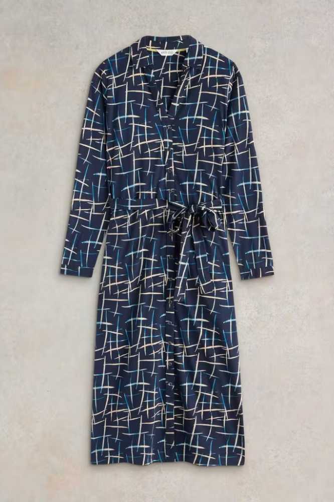 White Stuff Annie Jersey Shirt Dress Navy Print - La Vie en Rose Damesmode