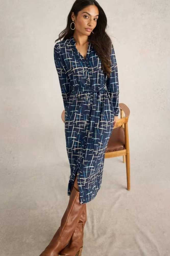 White Stuff Annie Jersey Shirt Dress Navy Print - La Vie en Rose Damesmode