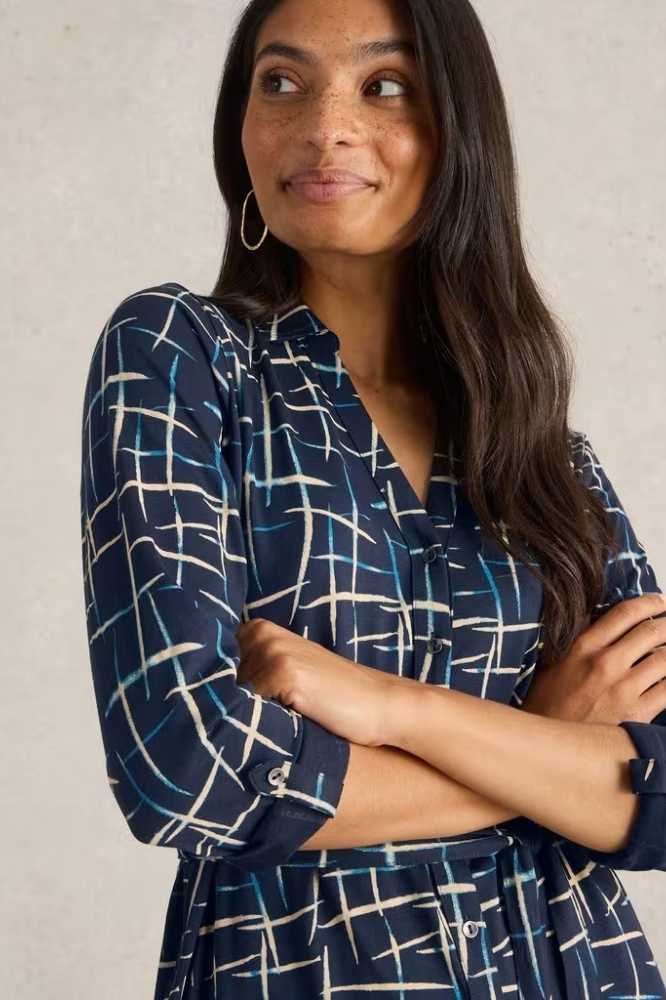 White Stuff Annie Jersey Shirt Dress Navy Print - La Vie en Rose Damesmode