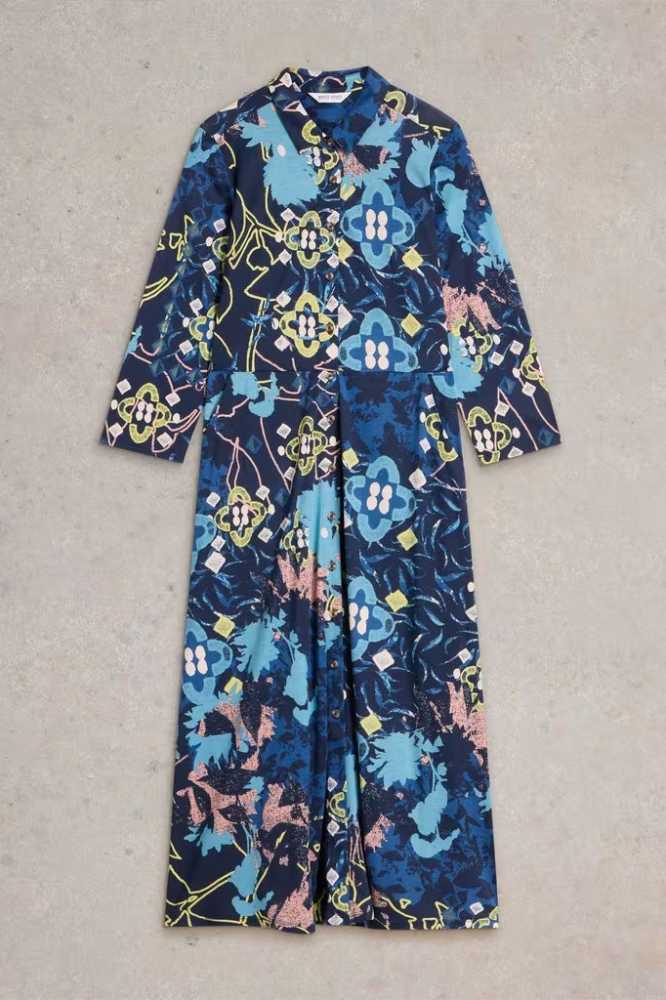 White Stuff Rua Jersey Shirt Dress Blue Print - La Vie en Rose Damesmode