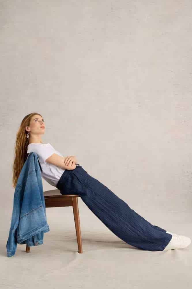 White Stuff Belle Linen Blend Wide Trouser Navy Multi - La Vie en Rose Damesmode