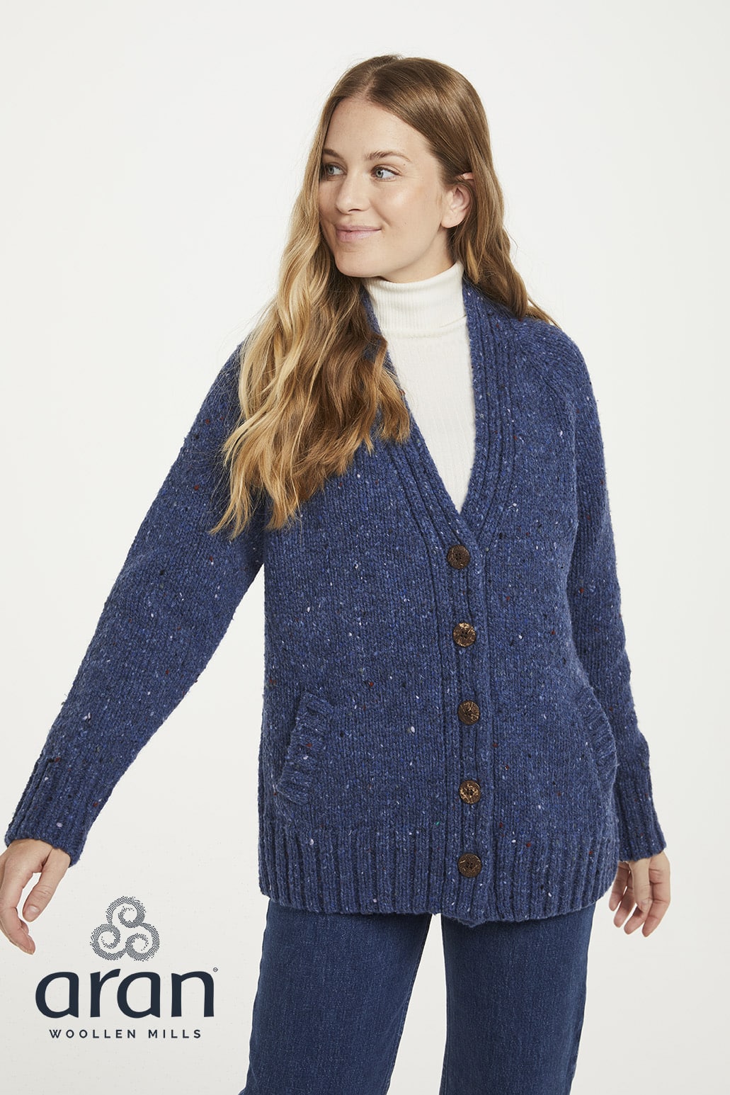 Aran Woollen Mills Ladies Donegal Cardigan Side Pockets Denim - La Vie en Rose Damesmode