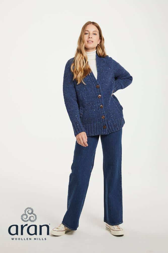 Aran Woollen Mills Ladies Donegal Cardigan Side Pockets Denim - La Vie en Rose Damesmode