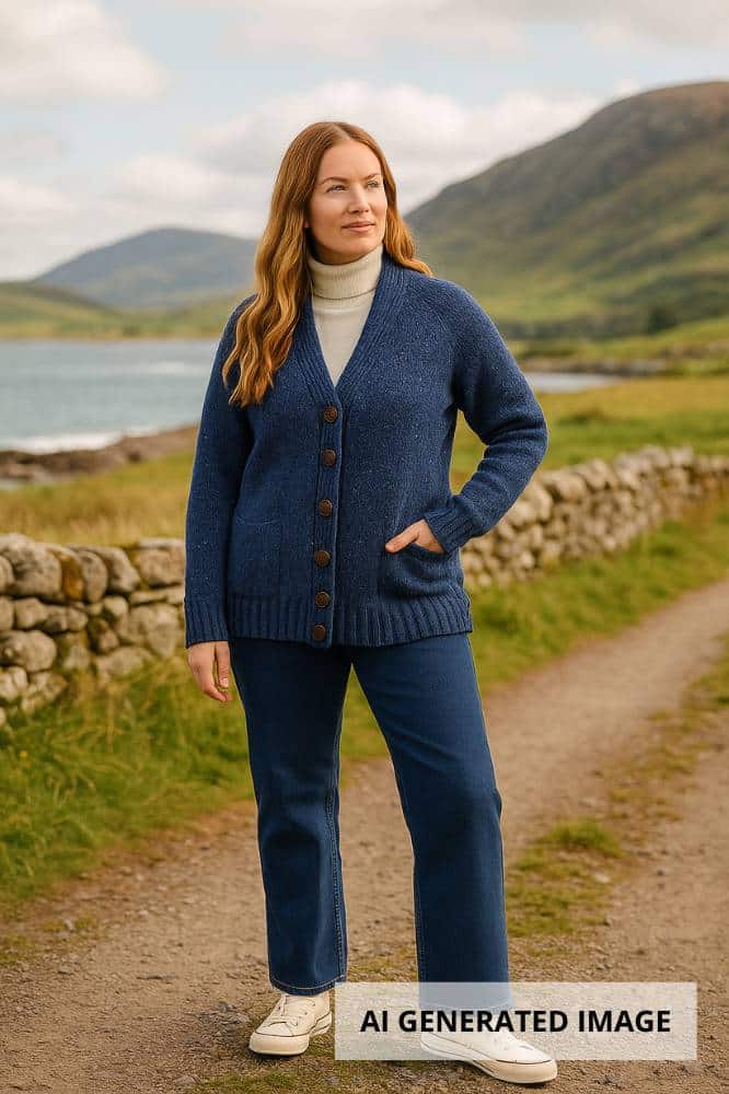 Aran Woollen Mills Ladies Donegal Cardigan Side Pockets Denim - La Vie en Rose Damesmode