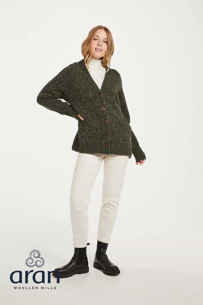 Aran Woollen Mills Ladies Donegal Cardigan Side Pockets Green - La Vie en Rose Damesmode