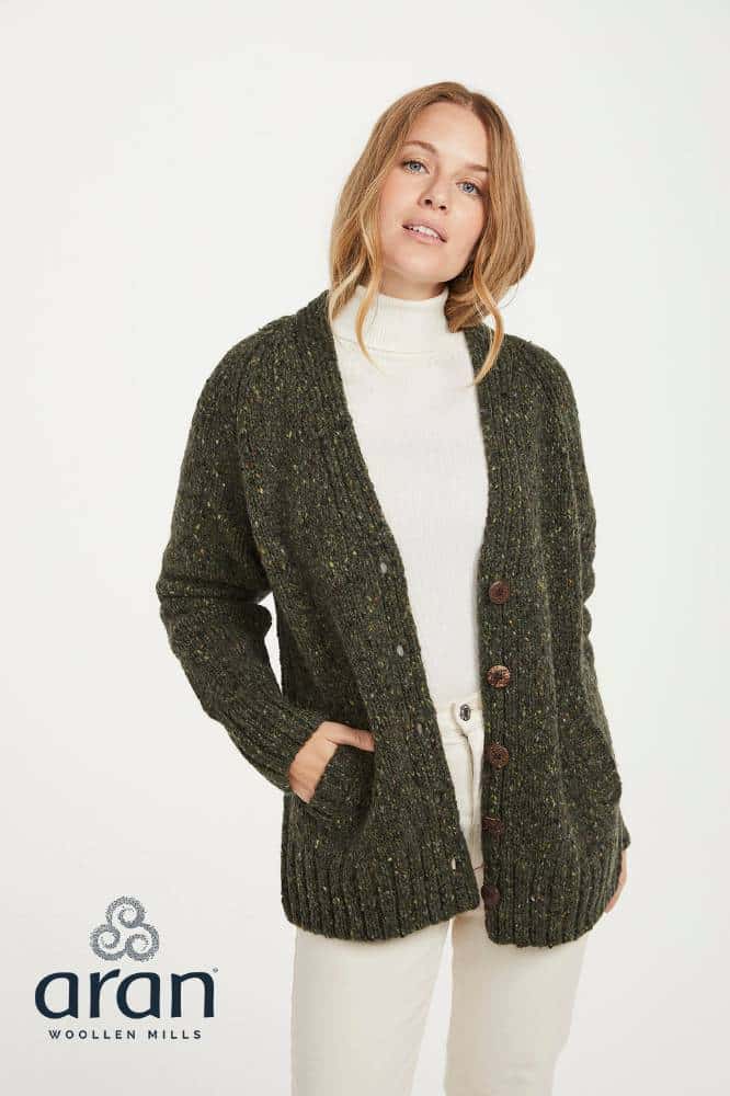 Aran Woollen Mills Ladies Donegal Cardigan Side Pockets Green - La Vie en Rose Damesmode