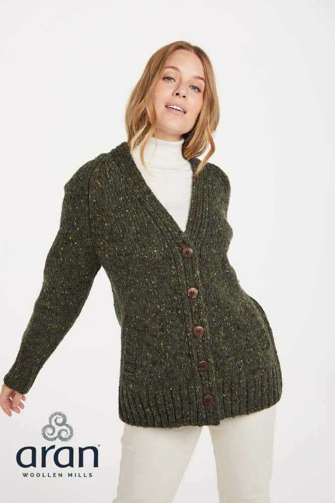 Aran Woollen Mills Ladies Donegal Cardigan Side Pockets Green - La Vie en Rose Damesmode
