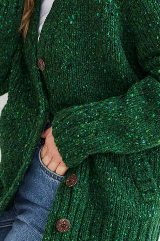 Aran Woollen Mills Ladies Donegal Cardigan Side Pockets Valley Green - La Vie en Rose Damesmode