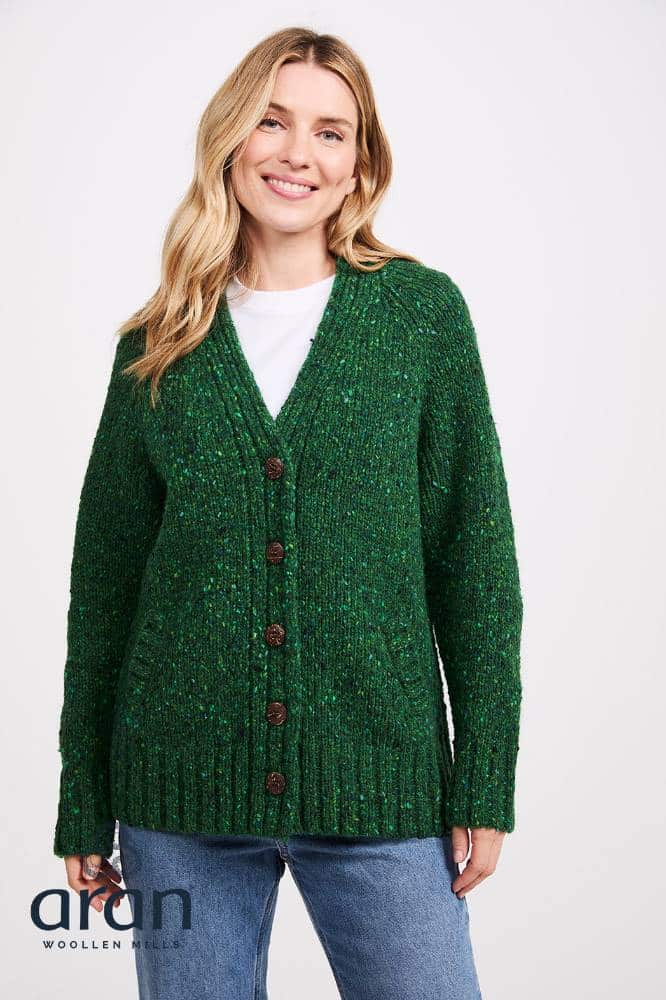 Aran Woollen Mills Ladies Donegal Cardigan Side Pockets Valley Green - La Vie en Rose Damesmode