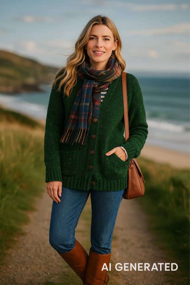 Aran Woollen Mills Ladies Donegal Cardigan Side Pockets Valley Green - La Vie en Rose Damesmode