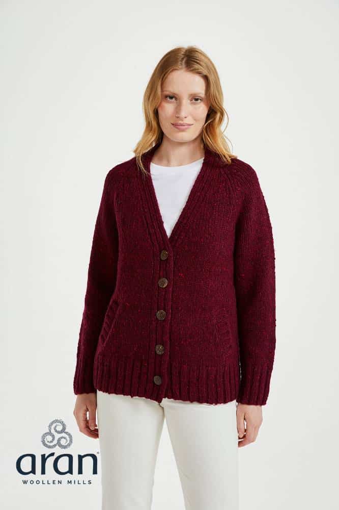 Aran Woollen Mills Ladies Donegal Cardigan Side Pockets Winter Berry - La Vie en Rose Damesmode