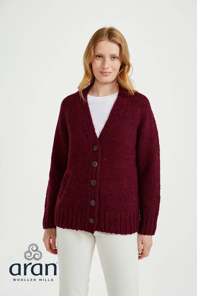 Aran Woollen Mills Ladies Donegal Cardigan Side Pockets Winter Berry - La Vie en Rose Damesmode