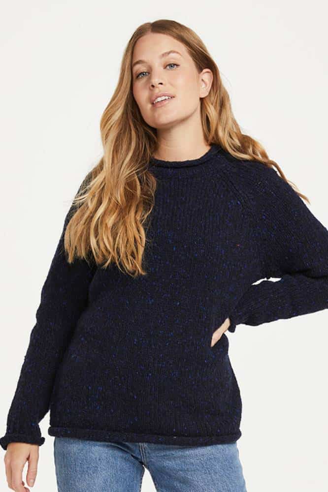 Aran Woollen Mills Ladies Roll Neck Raglan Crew Navy Nep - La Vie en Rose Damesmode