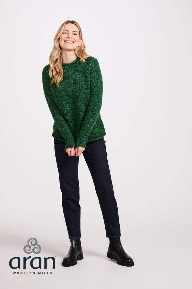 Aran Woollen Mills Ladies Roll Neck Raglan Crew Valley Green - La Vie en Rose Damesmode
