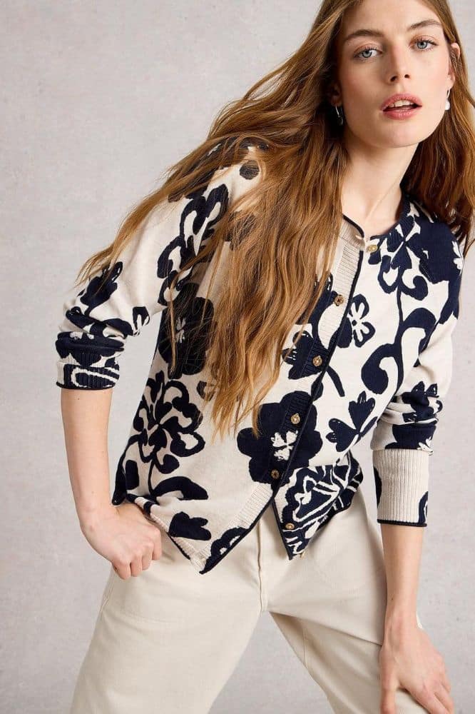White Stuff Lulu Print Cardi Nat Mlt- La Vie en Rose Damesmode