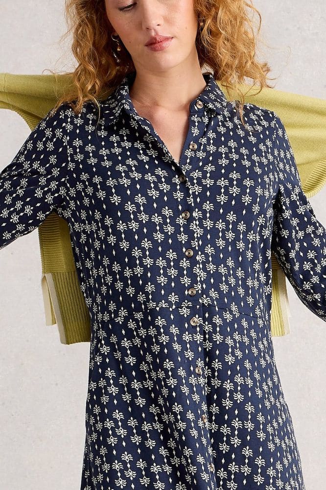 White Stuff Rua Jersey Shirt Dress Navy Print - La Vie en Rose Damesmode