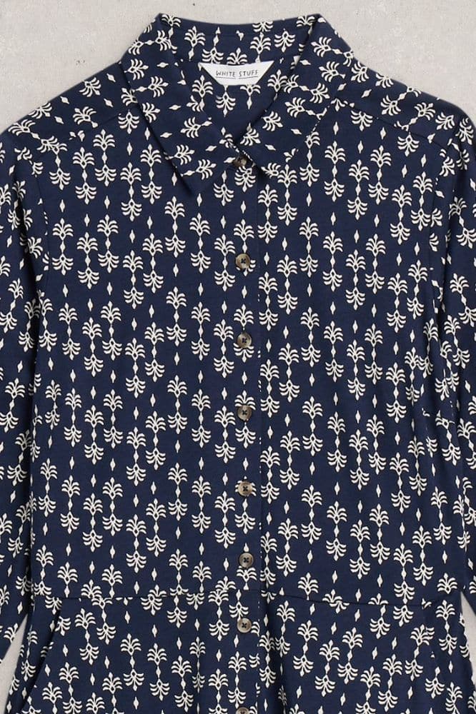White Stuff Rua Jersey Shirt Dress Navy Print - La Vie en Rose Damesmode