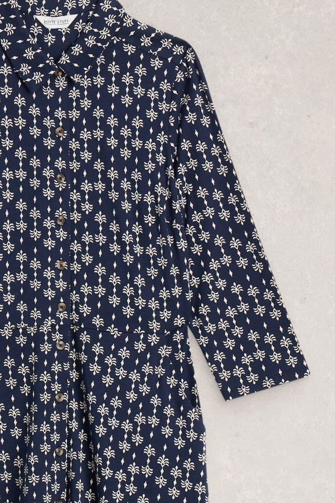 White Stuff Rua Jersey Shirt Dress Navy Print - La Vie en Rose Damesmode