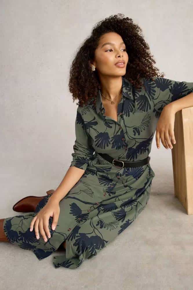 White Stuff Rua Jersey Shirt Dress Green Print - La Vie en Rose Damesmode